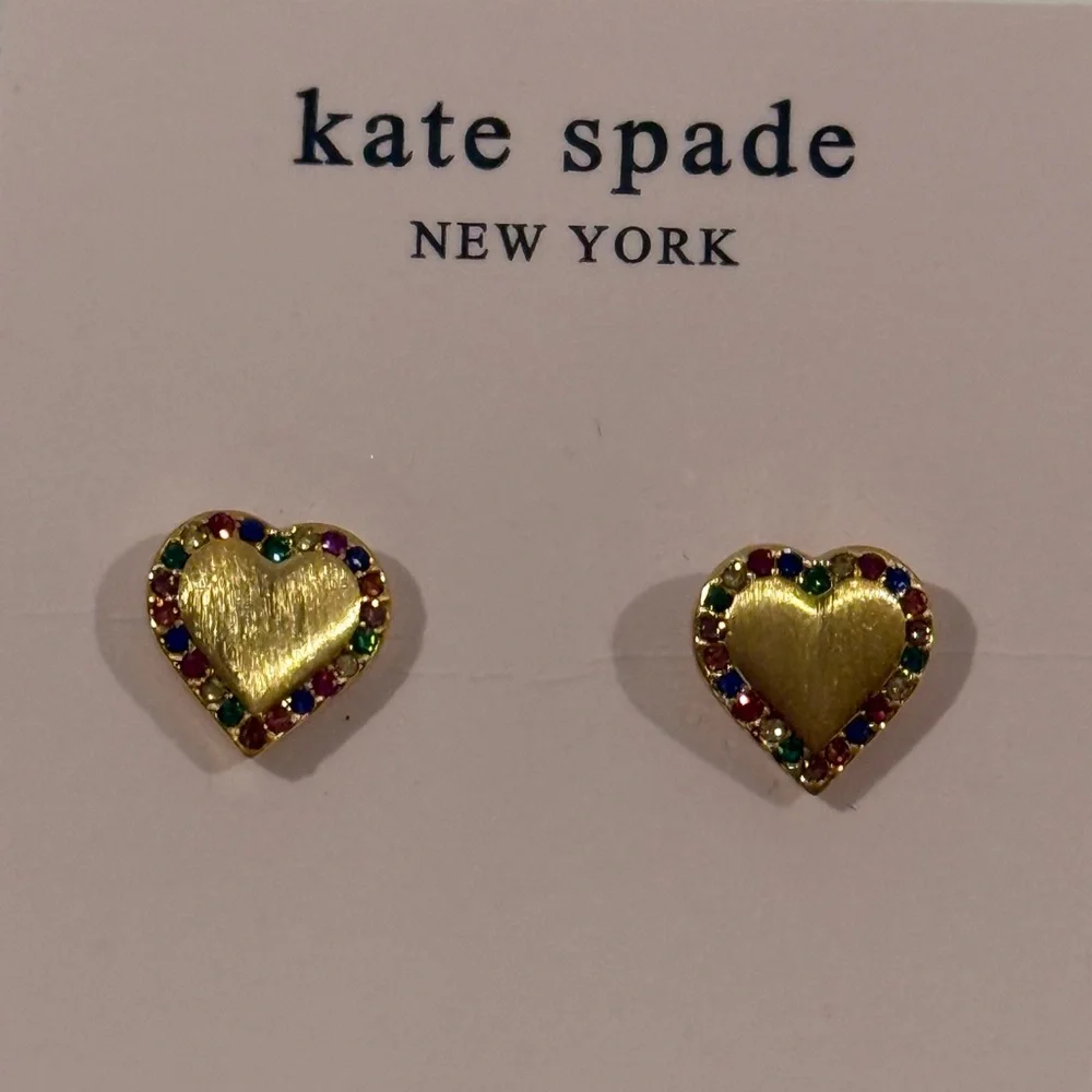 kate spade Gold Heart Stud Earrings with Multicolor Gems NWT - Picture 1 of 3